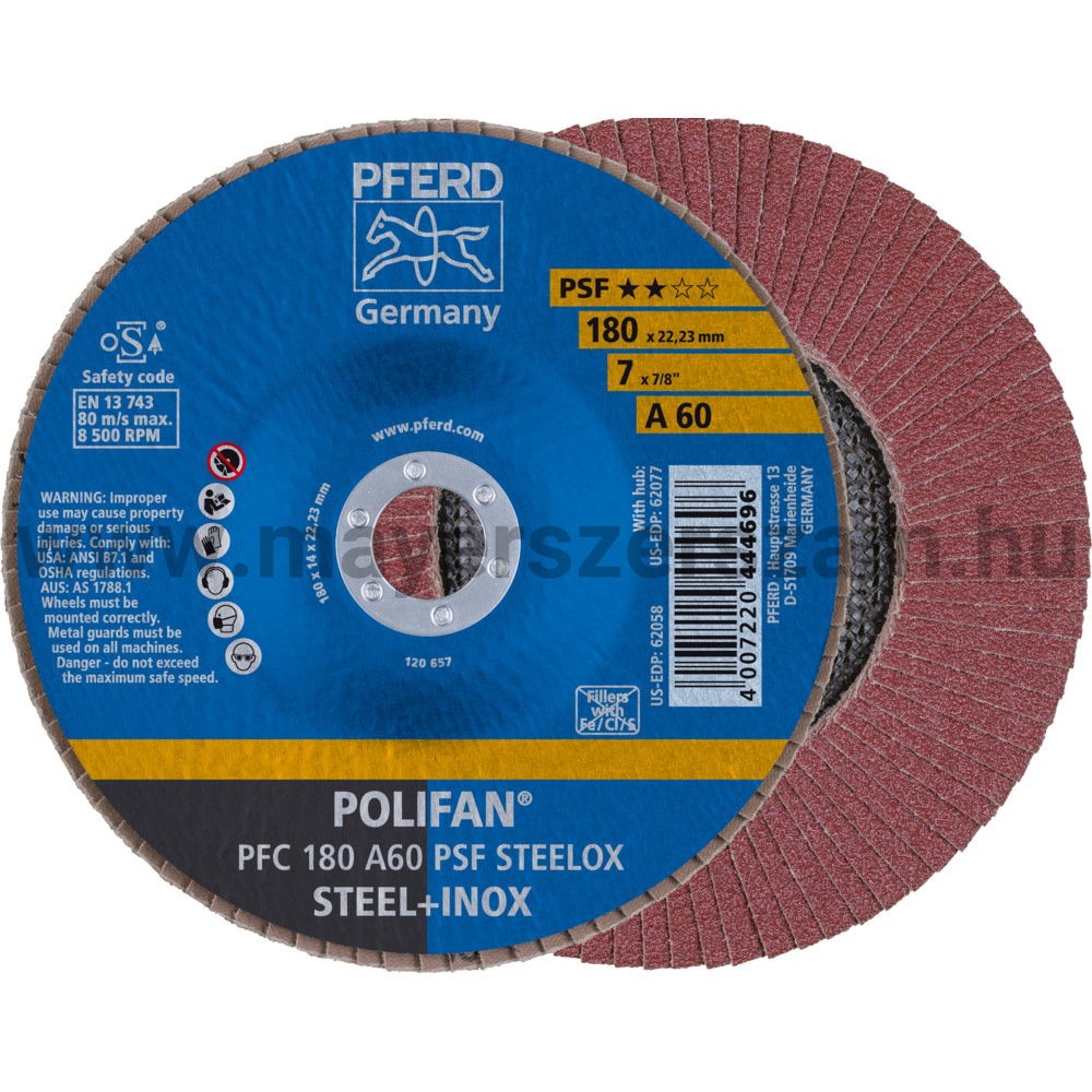 POLIFAN LEGYEZŐLAPOS CSISZOLÓKORONG PFC 180 A60 PSF STEELOX termék fő termékképe