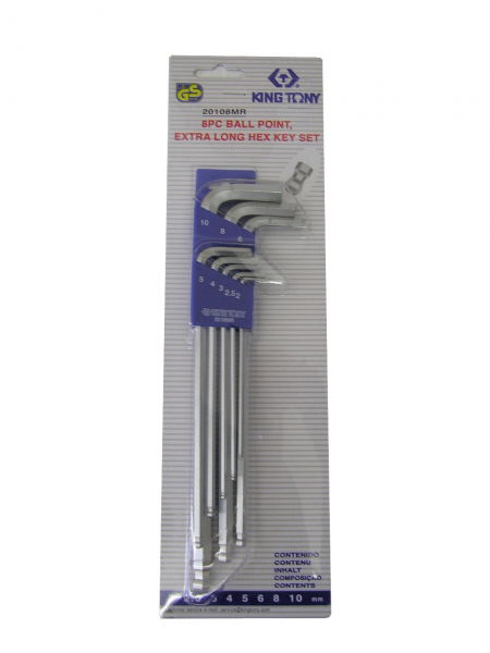 King Tony 8 részes gömbvégű extra hosszú imbuszkulcs készlet 2-10mm 20108MR termék fő termékképe