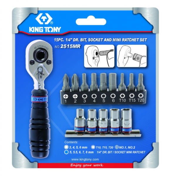 King Tony 15 részes 1/4˝-os dugókulcs & bitkészlet 2515MR termék fő termékképe